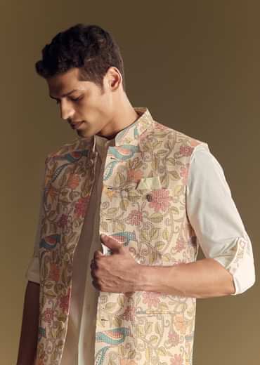 White Linen Jacket And Shirt Accentuated With Kantha Embroidery