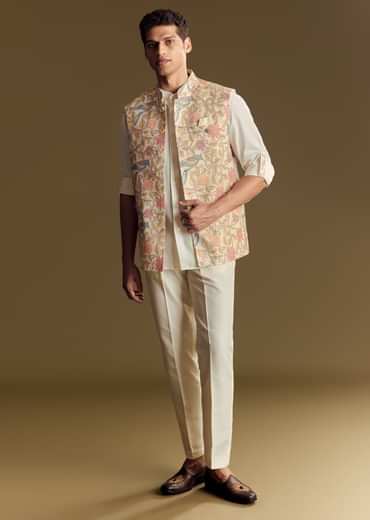 White Linen Jacket And Shirt Accentuated With Kantha Embroidery