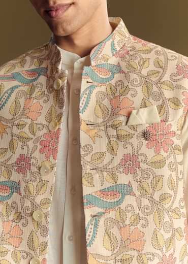 White Linen Jacket And Shirt Accentuated With Kantha Embroidery