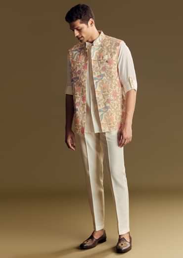 White Linen Jacket And Shirt Accentuated With Kantha Embroidery