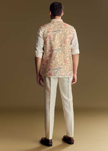 White Linen Jacket And Shirt Accentuated With Kantha Embroidery