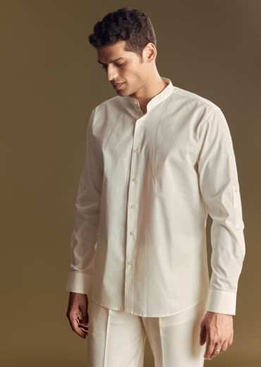 White Linen Jacket And Shirt Accentuated With Kantha Embroidery