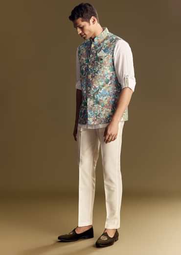 White Linen Jacket and Shirt With Multicolor Kantha Detailing