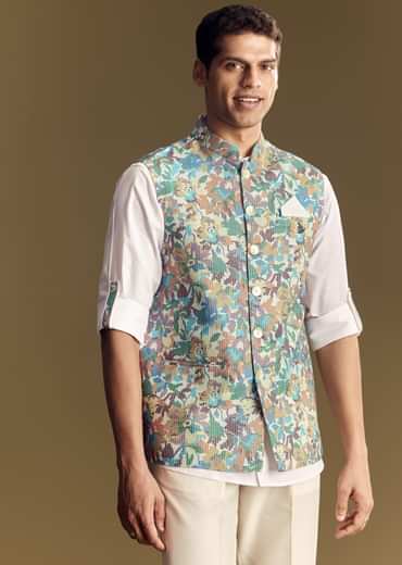 White Linen Jacket and Shirt With Multicolor Kantha Detailing