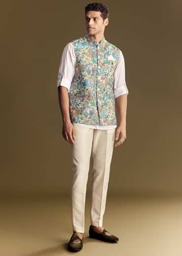 White Linen Jacket and Shirt With Multicolor Kantha Detailing
