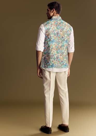 White Linen Jacket and Shirt With Multicolor Kantha Detailing