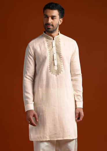 White Linen Kurta Set For Men With Intricate Thread Work