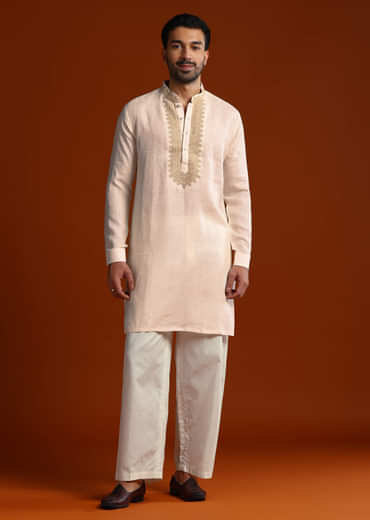 White Linen Kurta Set For Men With Intricate Thread Work