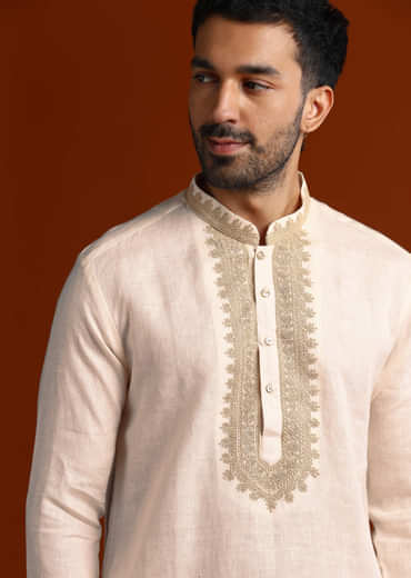 White Linen Kurta Set For Men With Intricate Thread Work