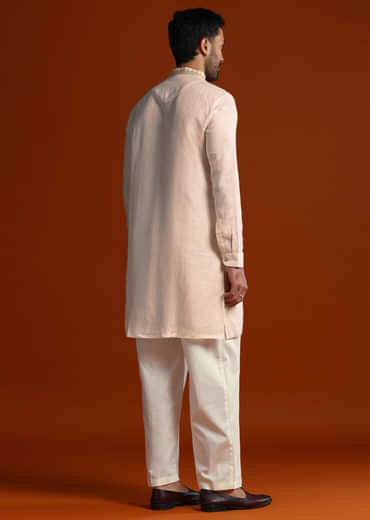White Linen Kurta Set For Men With Intricate Thread Work