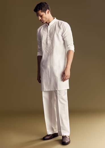 White Linen Kurta Set With Thread Embroidery