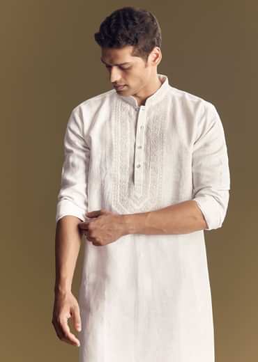 White Linen Kurta Set With Thread Embroidery