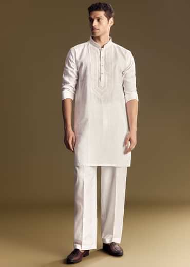 White Linen Kurta Set With Thread Embroidery