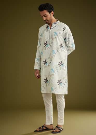 White Linen Zipper Kurta Set With Abstract Leaf Motifs