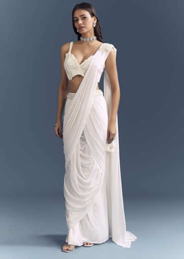 White Lycra Ready Pleated Saree With Intricate Hand Embroidery