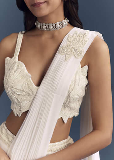 White Lycra Ready Pleated Saree With Intricate Hand Embroidery