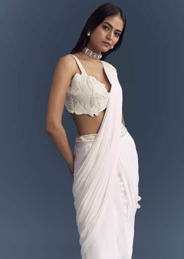 White Lycra Ready Pleated Saree With Intricate Hand Embroidery