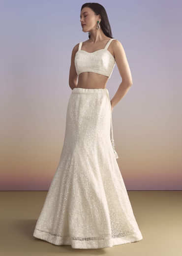 White Net Bridesmaid Lehenga With Sequins Work And Embellished Jacket
