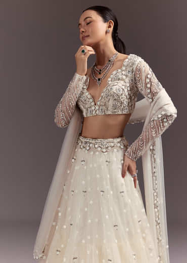 White Net Lehenga Set With Embellished Blouse And Dupatta