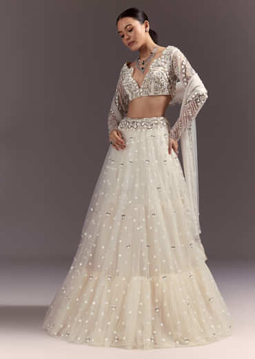 White Net Lehenga Set With Embellished Blouse And Dupatta