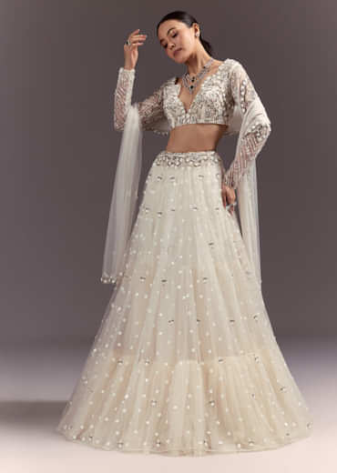 White Net Lehenga Set With Embellished Blouse And Dupatta