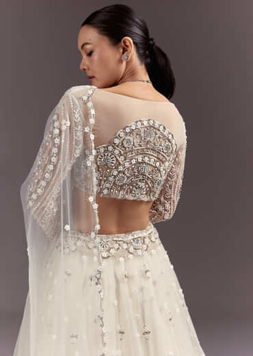White Net Lehenga Set With Embellished Blouse And Dupatta