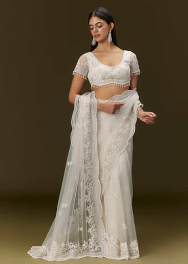 White Net Saree With All Over Embroidery
