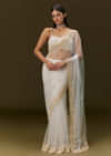 White Net Heavy Embroidered Saree With Embellished Border