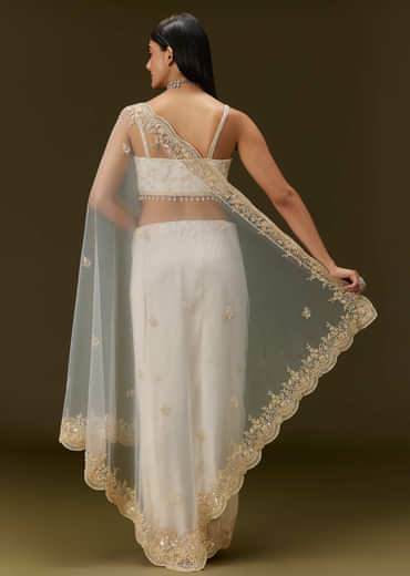 White Net Heavy Embroidered Saree With Embellished Border