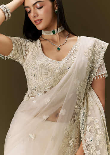 White Net Saree With All Over Heavy Embroidery