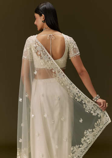 White Net Saree With All Over Heavy Embroidery