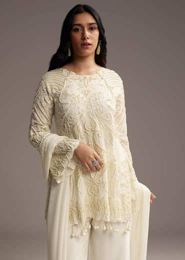 White Organza Kurta Set With Moti Work