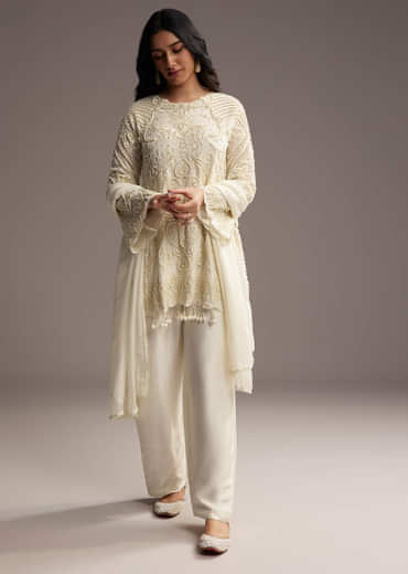 White Organza Kurta Set With Moti Work