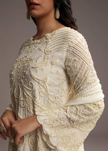 White Organza Kurta Set With Moti Work