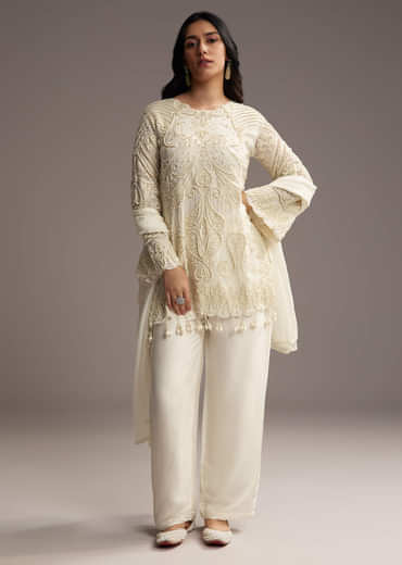 White Organza Kurta Set With Moti Work
