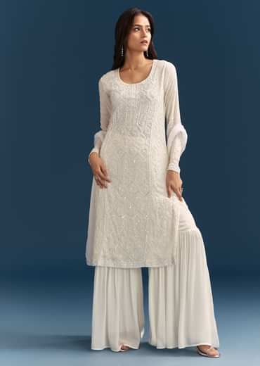 White Pakistani Sharara Suit With Sequin Details And Dupatta