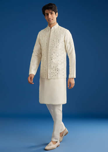 White Rawsilk Jacket Kurta Set With Resham And Mirror Work
