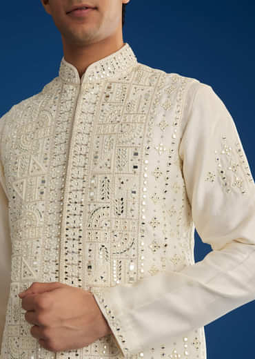 White Rawsilk Jacket Kurta Set With Resham And Mirror Work