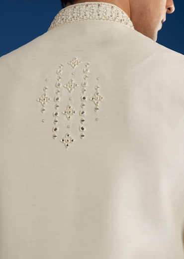 White Rawsilk Jacket Kurta Set With Resham And Mirror Work