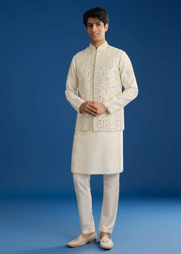 White Rawsilk Jacket Kurta Set With Resham And Mirror Work