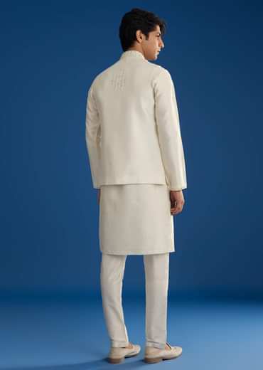 White Rawsilk Jacket Kurta Set With Resham And Mirror Work