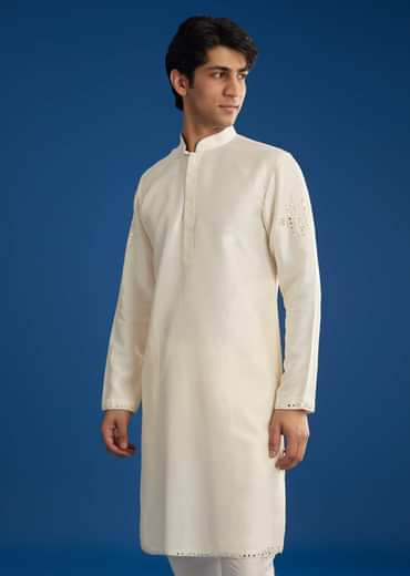 White Rawsilk Jacket Kurta Set With Resham And Mirror Work
