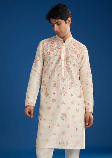 White Rawsilk Kurta Set With Floral Resham Embroidery