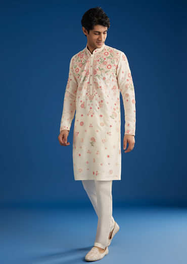 White Rawsilk Kurta Set With Floral Resham Embroidery