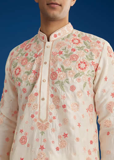 White Rawsilk Kurta Set With Floral Resham Embroidery