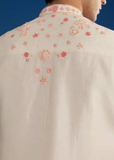 White Rawsilk Kurta Set With Floral Resham Embroidery