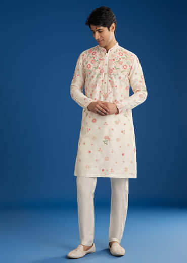 White Rawsilk Kurta Set With Floral Resham Embroidery