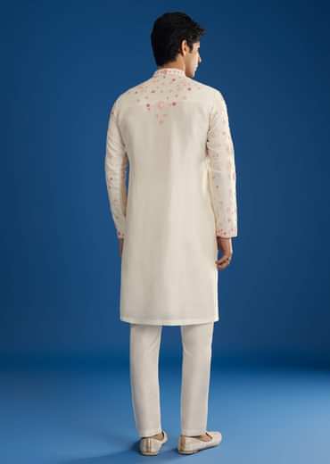 White Rawsilk Kurta Set With Floral Resham Embroidery