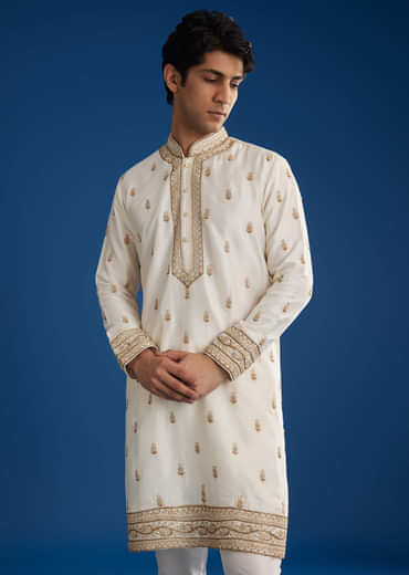 White Rawsilk Kurta Set With Zari Sequins And Cut Dana
