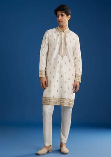White Rawsilk Kurta Set With Zari Sequins And Cut Dana